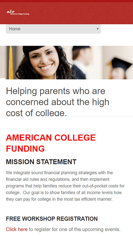 An American college application page featuring a woman and information on funding.