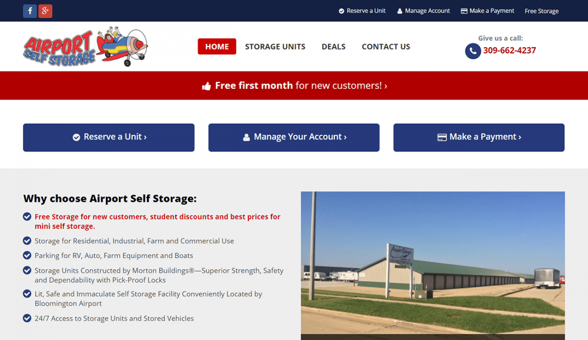 A website design for Airport Self Storage, a storage company.