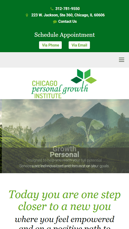 A website for Chicago Personal Growth Institute featuring a green and white design with a green background.