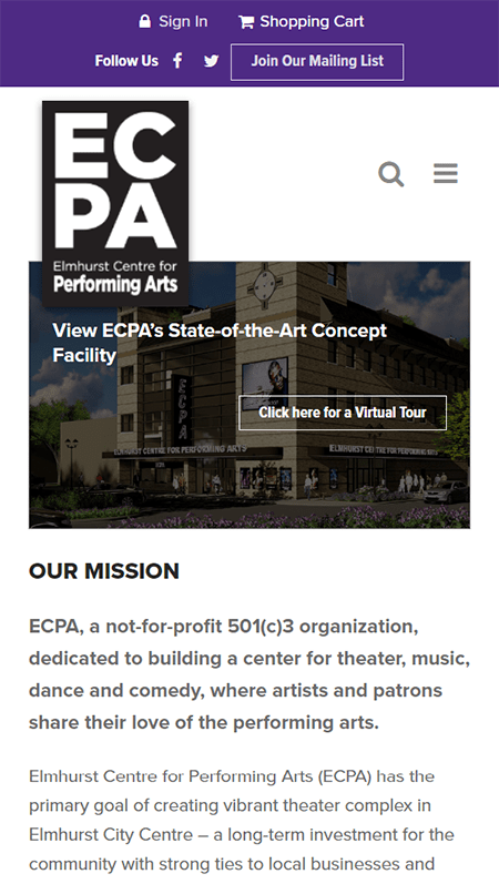 The homepage of the Elmhurst Centre for Performing Arts website (bxx).