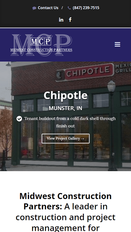A blue and purple website design for Midwest Construction Partners.