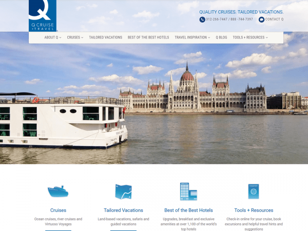 A website design for Q Cruise, a boat company in Budapest.