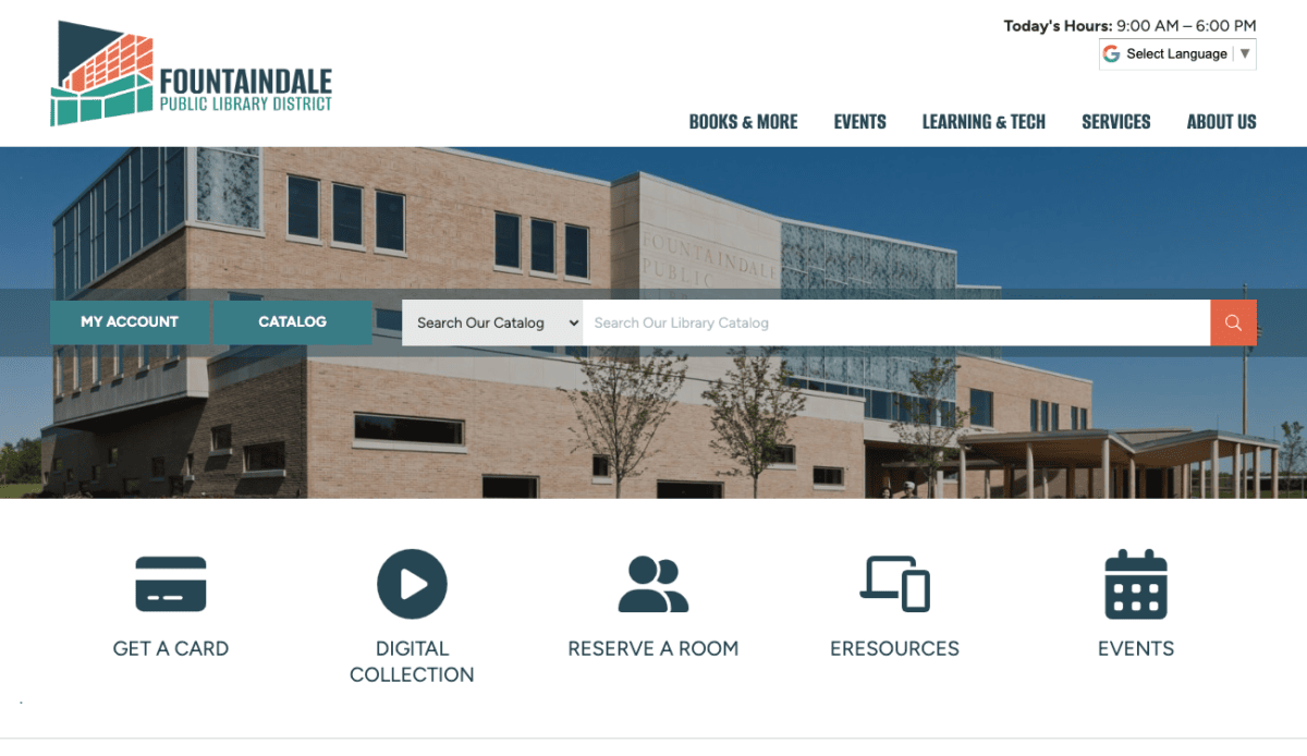 A website design for Fountaindale Public Library.