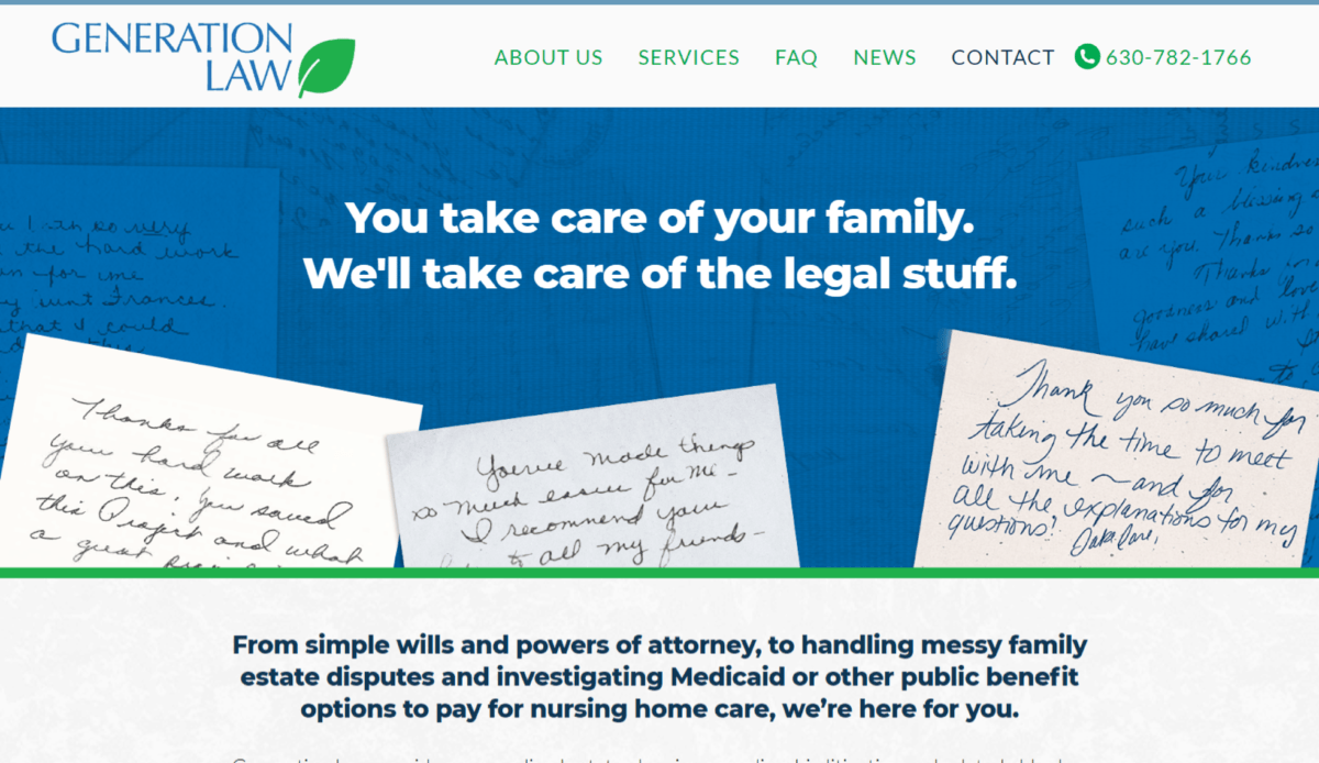 The homepage of a Generation Law website with a blue and green background.