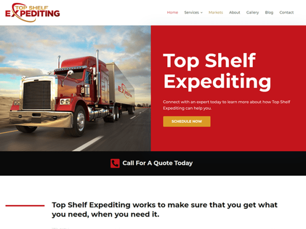 A website design for Top Shelf Expediting, a trucking company.