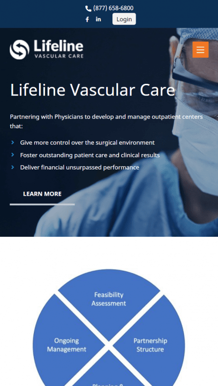 The homepage of Lifeline Vascular Care website with a blue and orange background.