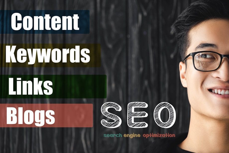 A man with glasses and content keywords in digital marketing.