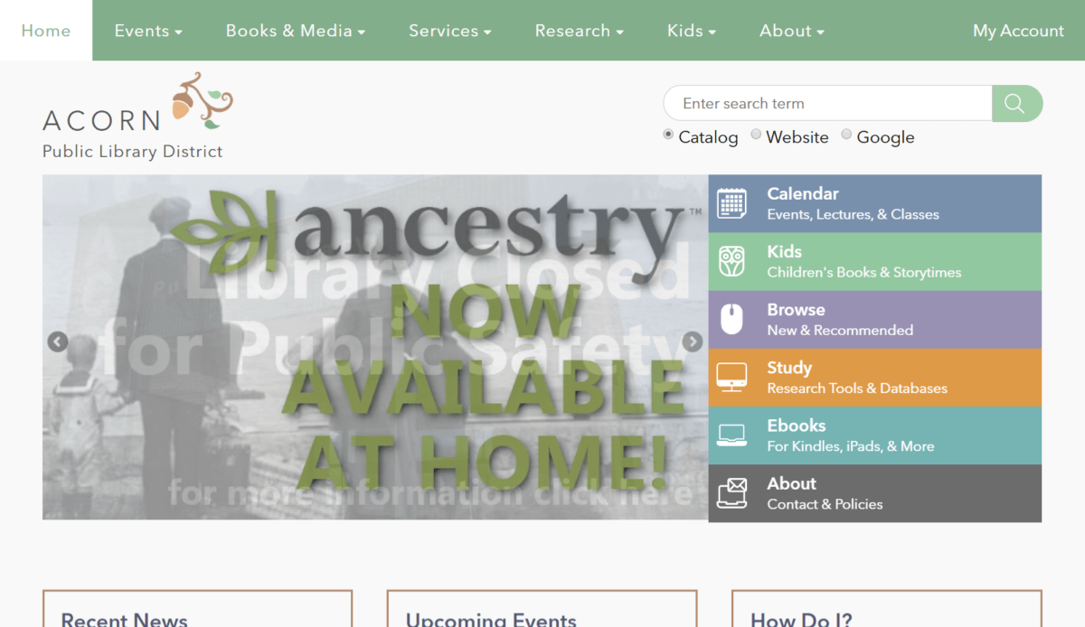 The homepage of the ancestry website featuring Acorn Public Library.